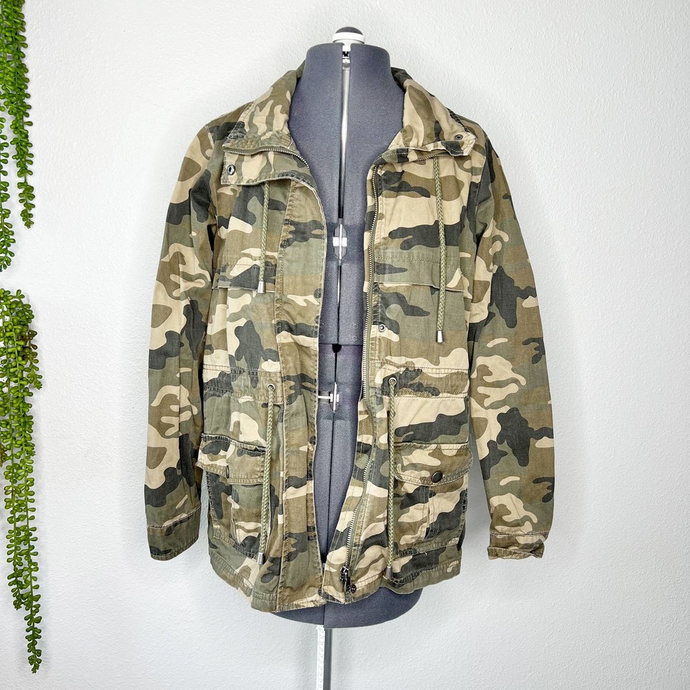 Ci Sono Green Camo Print Denim Full Zip Utility Jacket Women's Size Medium M